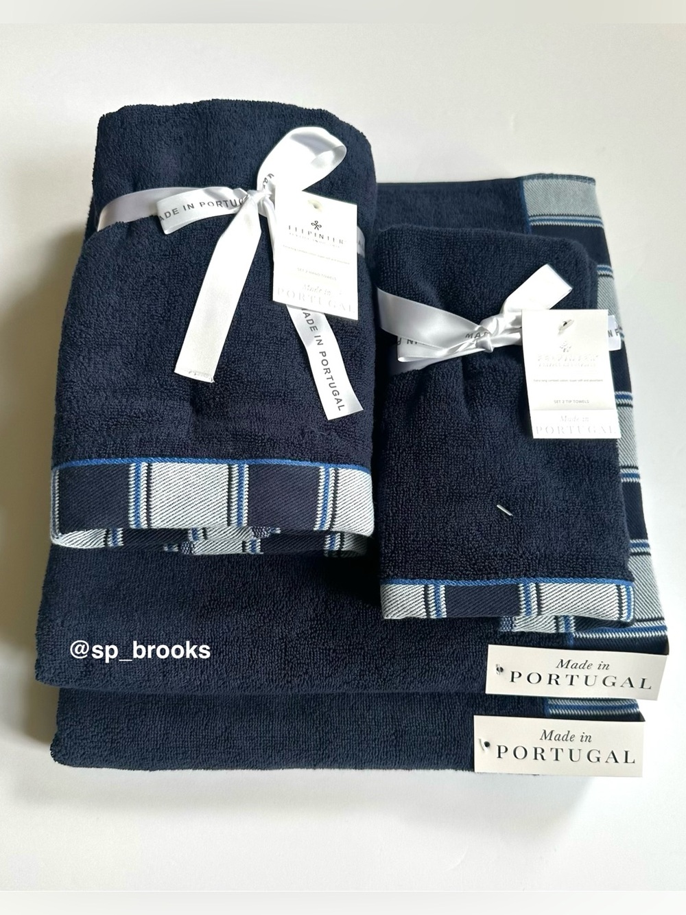 🎁6PC FELPINTER Bath Towel Set - Navy Blue with Woven Striped Piping - Cotton